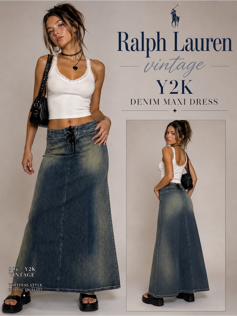 Ralph Lauren Rare Vintage Distressed Blue Denim Maxi Skirt with Lace-Up Waist •2